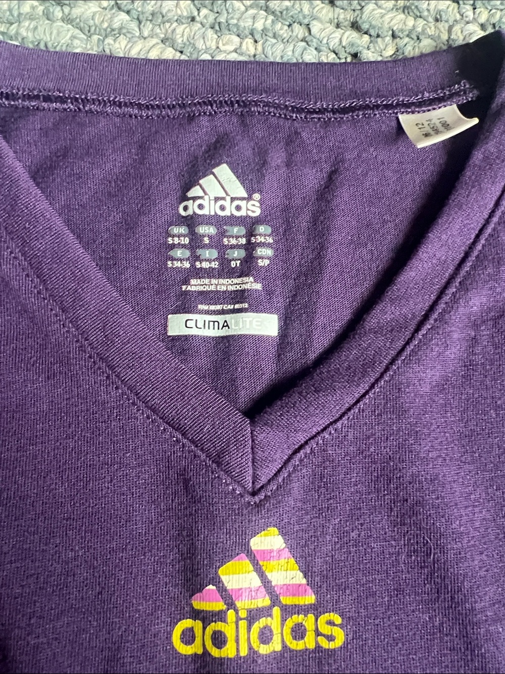 adidas Purple Long Sleeve V-Neck Climalite Top with Yellow Logo